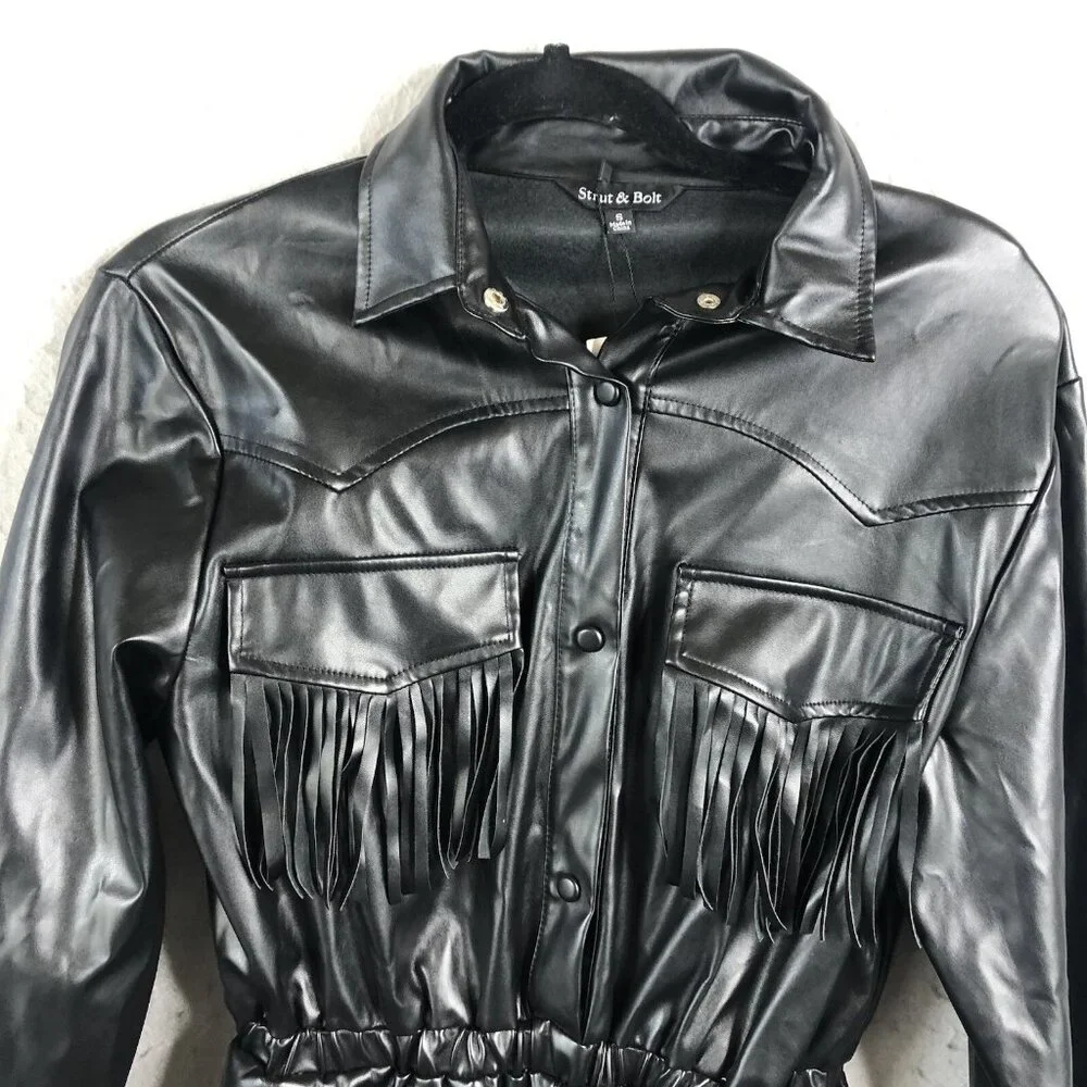 Strut and Bolt Mini Romper Womens S Black Vegan Leather Fringe Rock Punk NEW